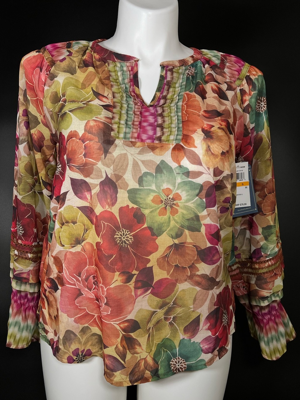 🍂 NWT Democracy Retro Floral V Neck Long Sleeve Chiffon Women’s Blouse Sz Small